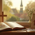 5 przykazań kościelnych dla dzieci – katechizm, krzyż i różaniec na parapecie, za oknem wieża kościoła