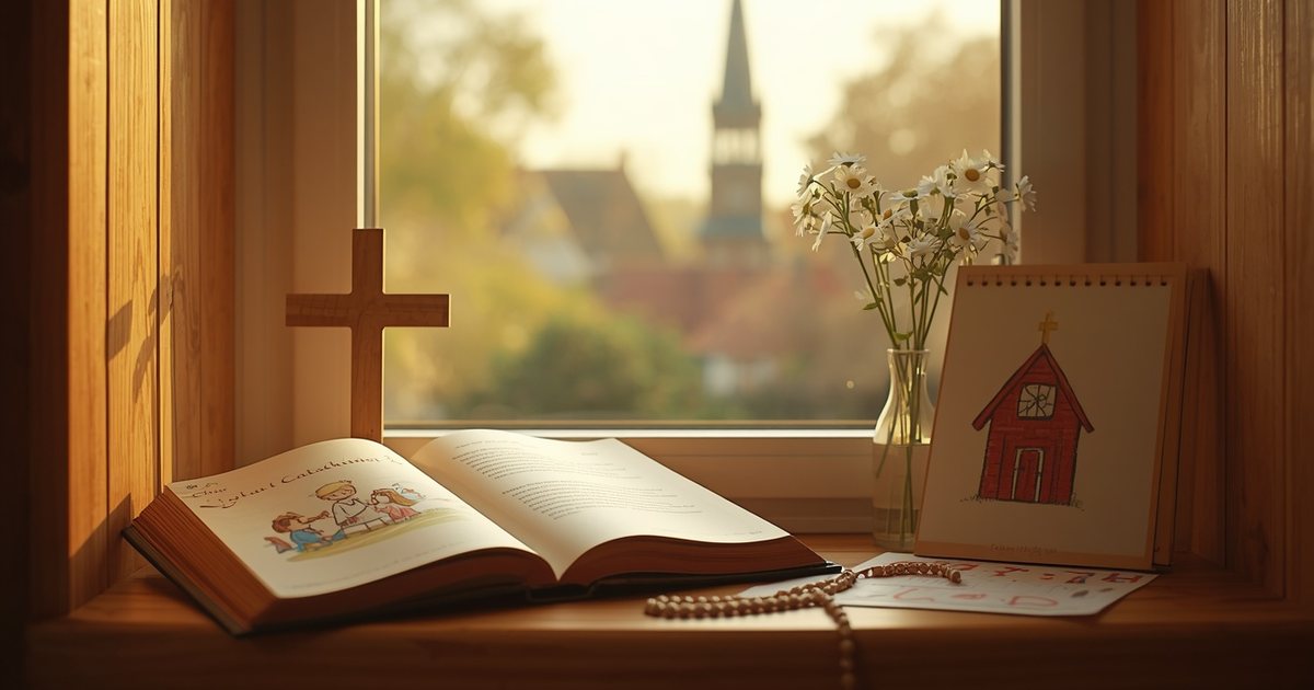 5 przykazań kościelnych dla dzieci – katechizm, krzyż i różaniec na parapecie, za oknem wieża kościoła