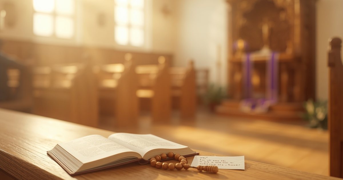 Formuła spowiedzi dla dzieci – książeczka do nabożeństwa, różaniec i karteczka w ławce kościelnej, w tle konfesjonał