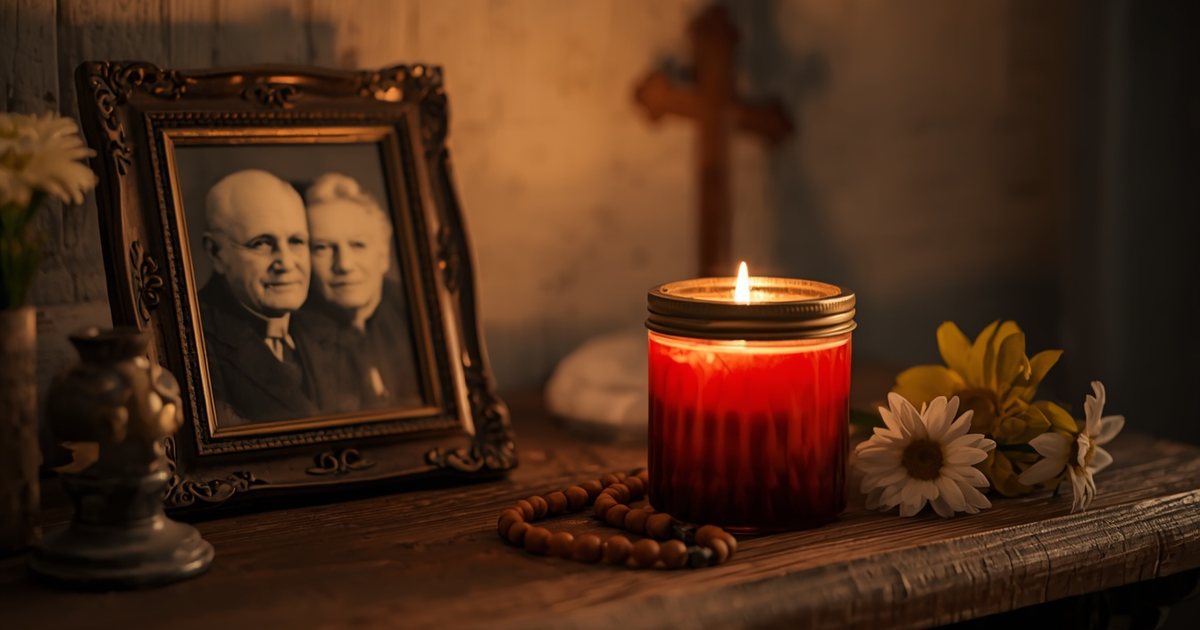 Modlitwa za zmarłych rodziców – zdjęcie rodziców w ramce, zapalona świeca i różaniec